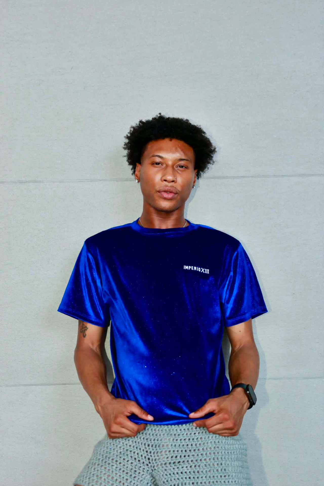Model wearing the royal blue velvet Imperio XIII shirt