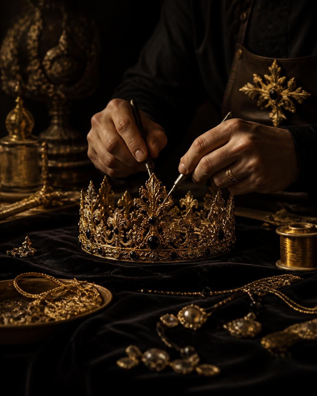 Imperio XIII atelier — goldsmith crafting a regal crown by hand