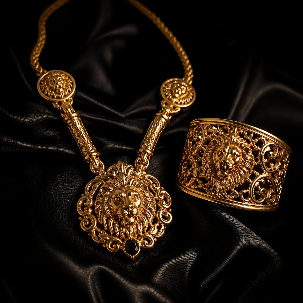 Gold imperial necklace and cuff bracelet by Imperio XIII