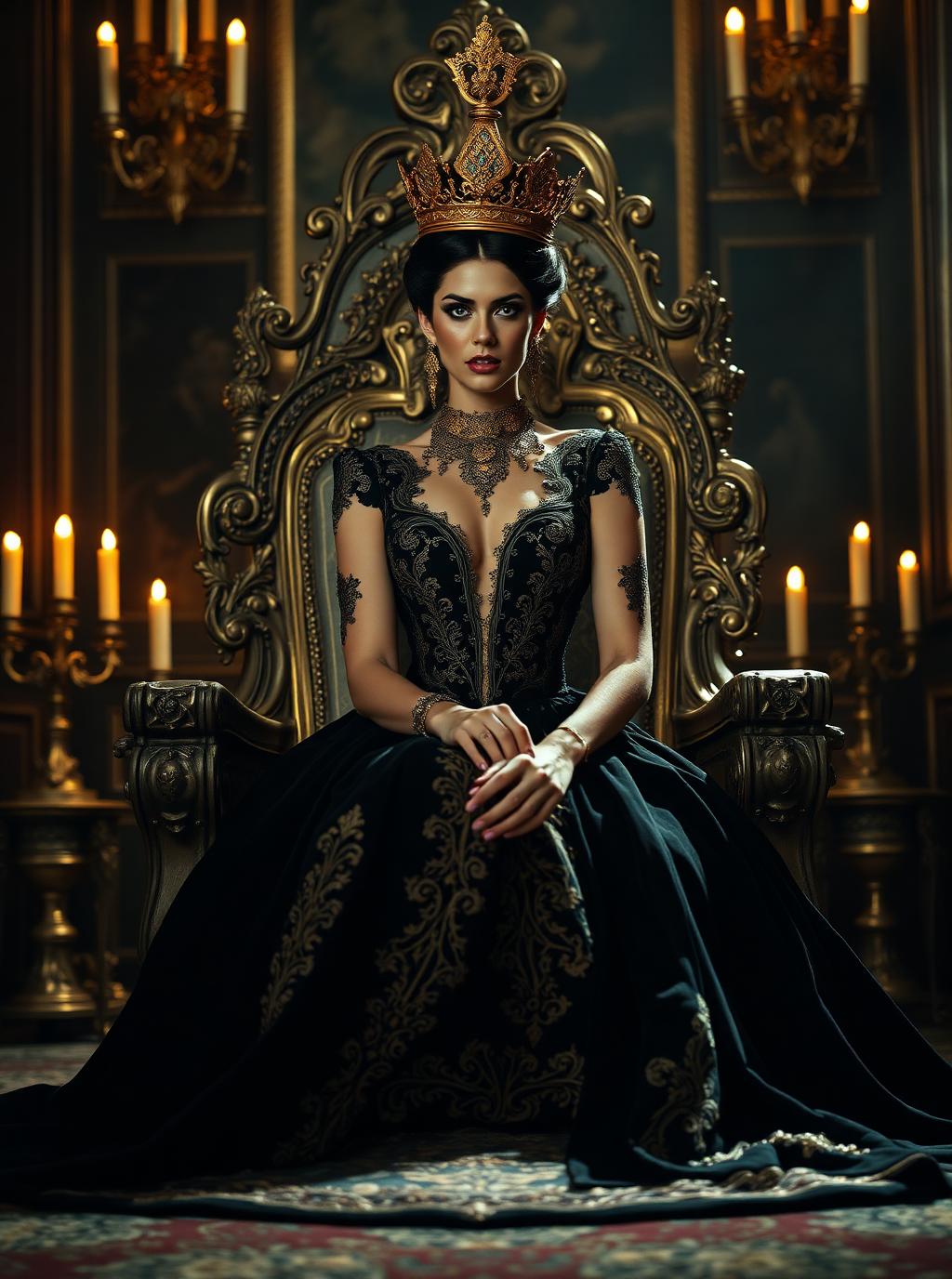 Imperio XIII queen — crowned sovereign in gold-embroidered black gown with Crown Jewels of the XIII